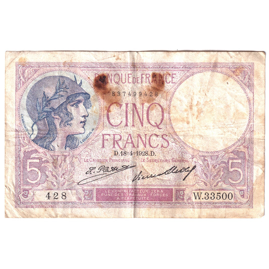 France 1928 5 Francs Note, Pick #72d, VF (Damaged)