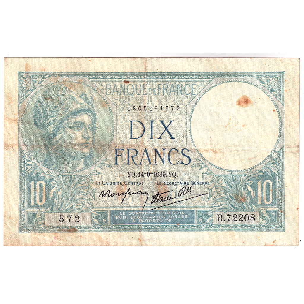 France 1939 10 Francs Note, Pick #84, VF-EF (Stains)