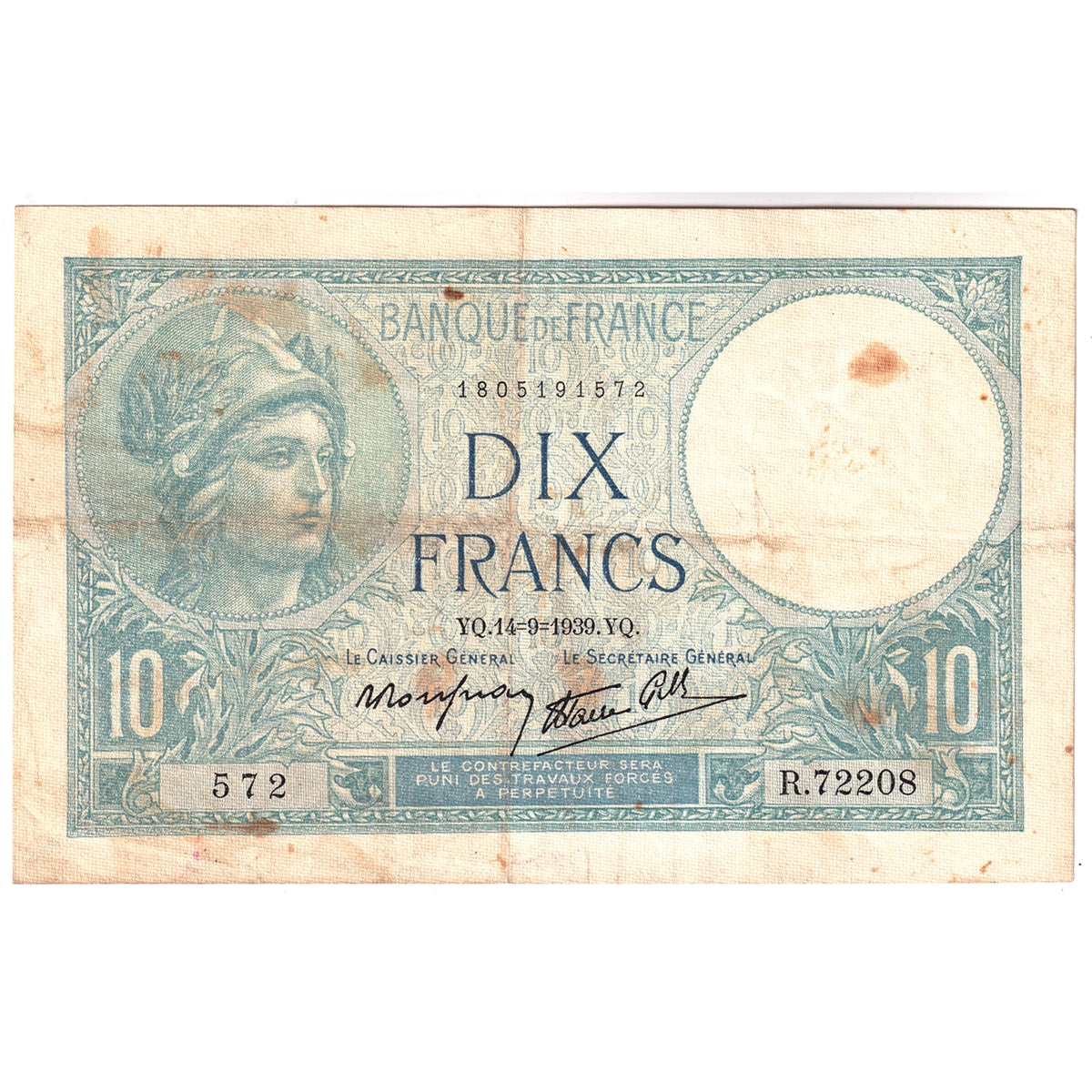 France 1939 10 Francs Note, Pick #84, VF-EF (Stains)