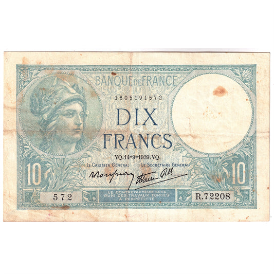 France 1939 10 Francs Note, Pick #84, VF-EF (Stains)