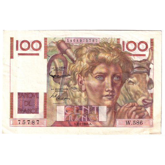 France 1954 100 Francs Note, Pick #128e, EF (Holes)