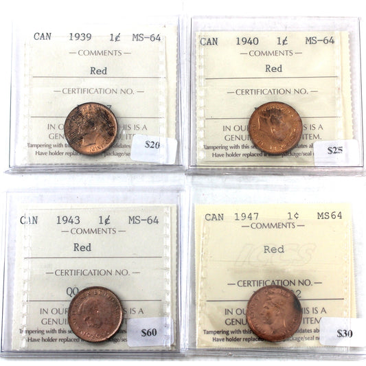 Lot of 4x 1939, 1940, 1943 & 1947 Canada 1-cents ICCS Certified MS-64 Red, 4Pcs