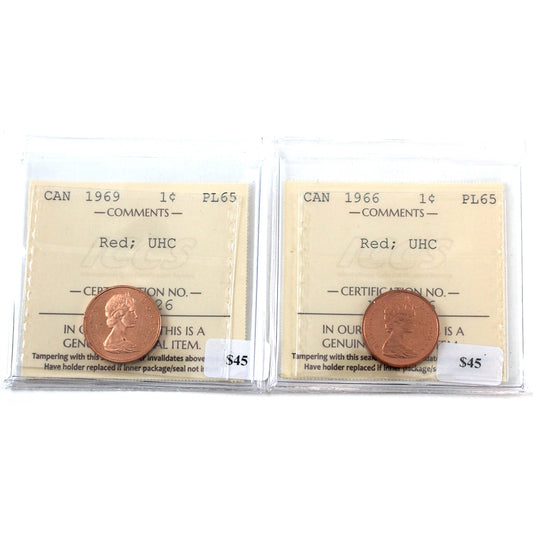 Pair of 1966 & 1969 Canada 1-cents ICCS Certified PL-65 Red, Ultra Heavy Cameo, 2Pcs
