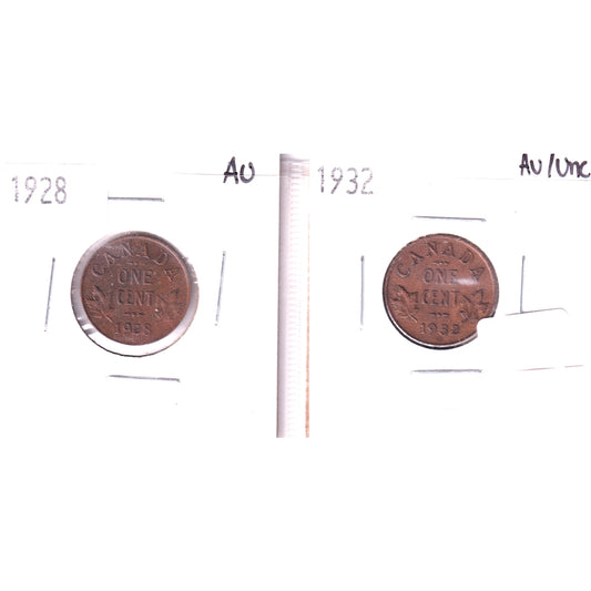 Pair of 1928 & 1932 Canada 1-cents Almost Uncirculated (AU50) or AU-UNC (AU55), 2Pcs