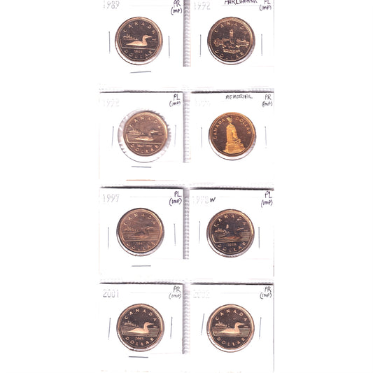 Lot of 8x 1989-2002 Canada Dollars Proof Like or Proof, 8Pcs (Impaired)