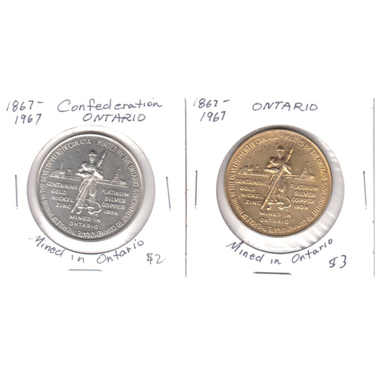 Pair of 1967 Ontario Confederation Centennial Medallions (2 Colours) In Case, 2Pcs