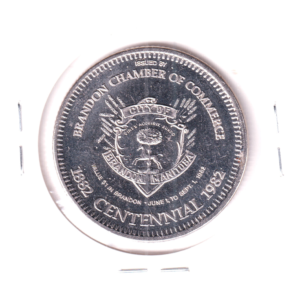 1982 Brandon, MB, Centennial Dollar Trade Token: Yesterday's Dream, Tomorrow's Future