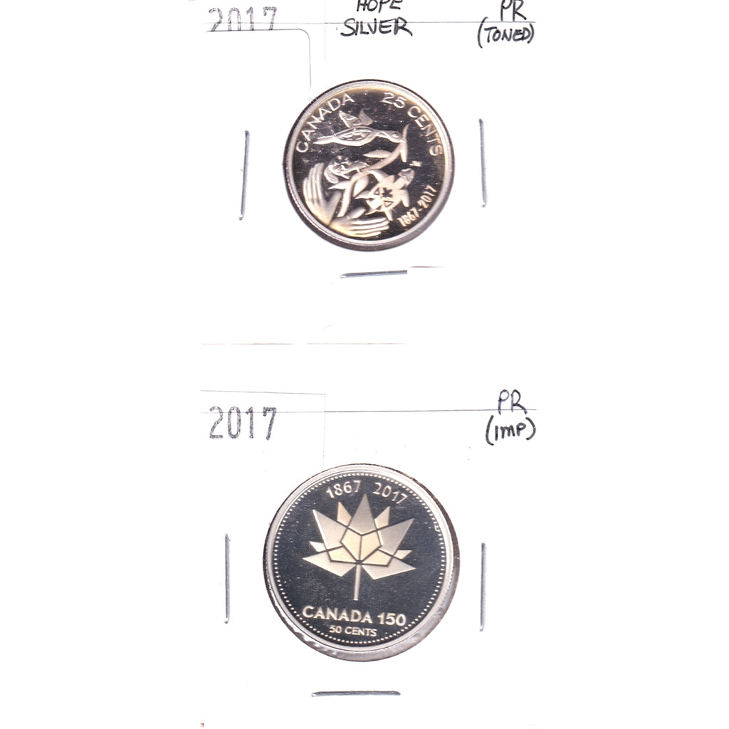 Pair of 2017 Canada 150 & Hope 50- & 25-cents Silver Proof, 2Pcs (No Tax) Impaired