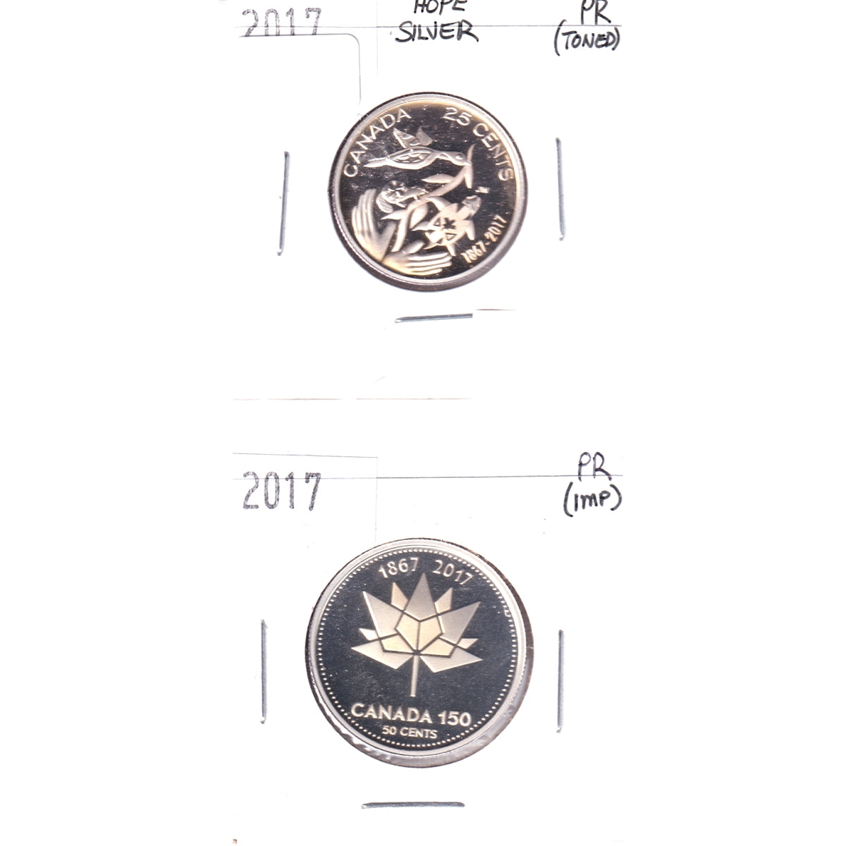 Pair of 2017 Canada 150 & Hope 50- & 25-cents Silver Proof, 2Pcs (No Tax) Impaired