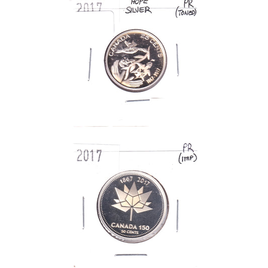 Pair of 2017 Canada 150 & Hope 50- & 25-cents Silver Proof, 2Pcs (No Tax) Impaired