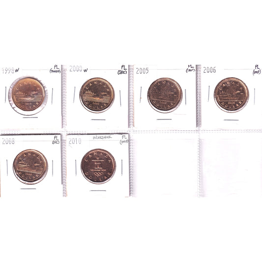 Lot of 6x 1998-2010 Canada Dollars Proof Like, 6Pcs (Scratched, toned, or impaired)