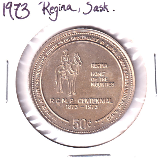 1973 Regina Buffalo Days 50-cent Trade Token: RCMP Centennial