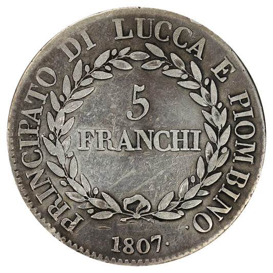 Italian States 1807 Lucca & Piombino Elisa Bonaparte 5 Franchi Very Fine (VF20)