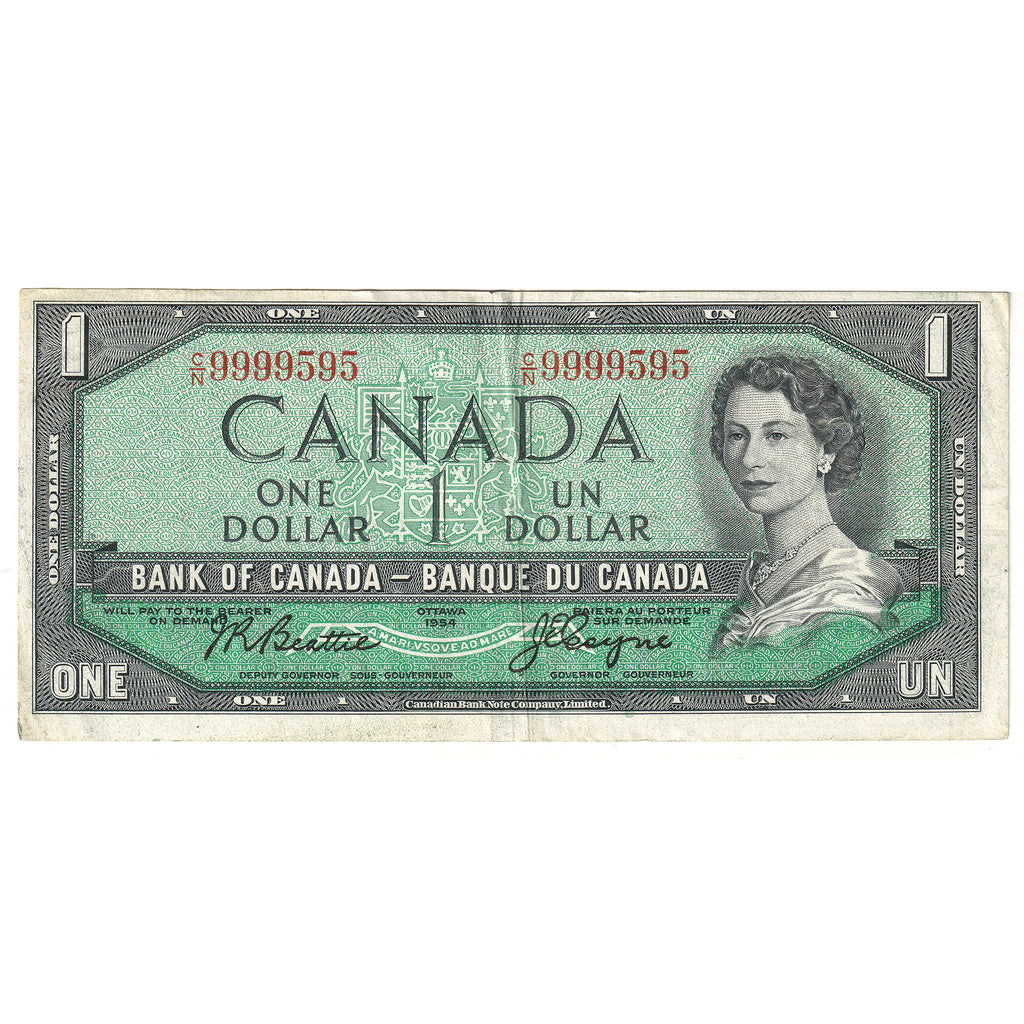 BC-37a 1954 Canada $1 Beattie-Coyne, Neat Number CN9999595, VF-EF