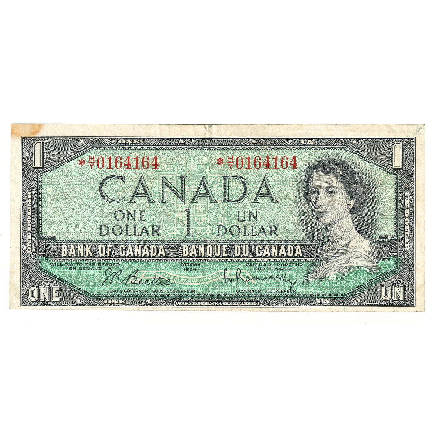 BC-37bA 1954 Canada $1 Beattie-Rasminsky, *H/Y, VF-EF (stain)