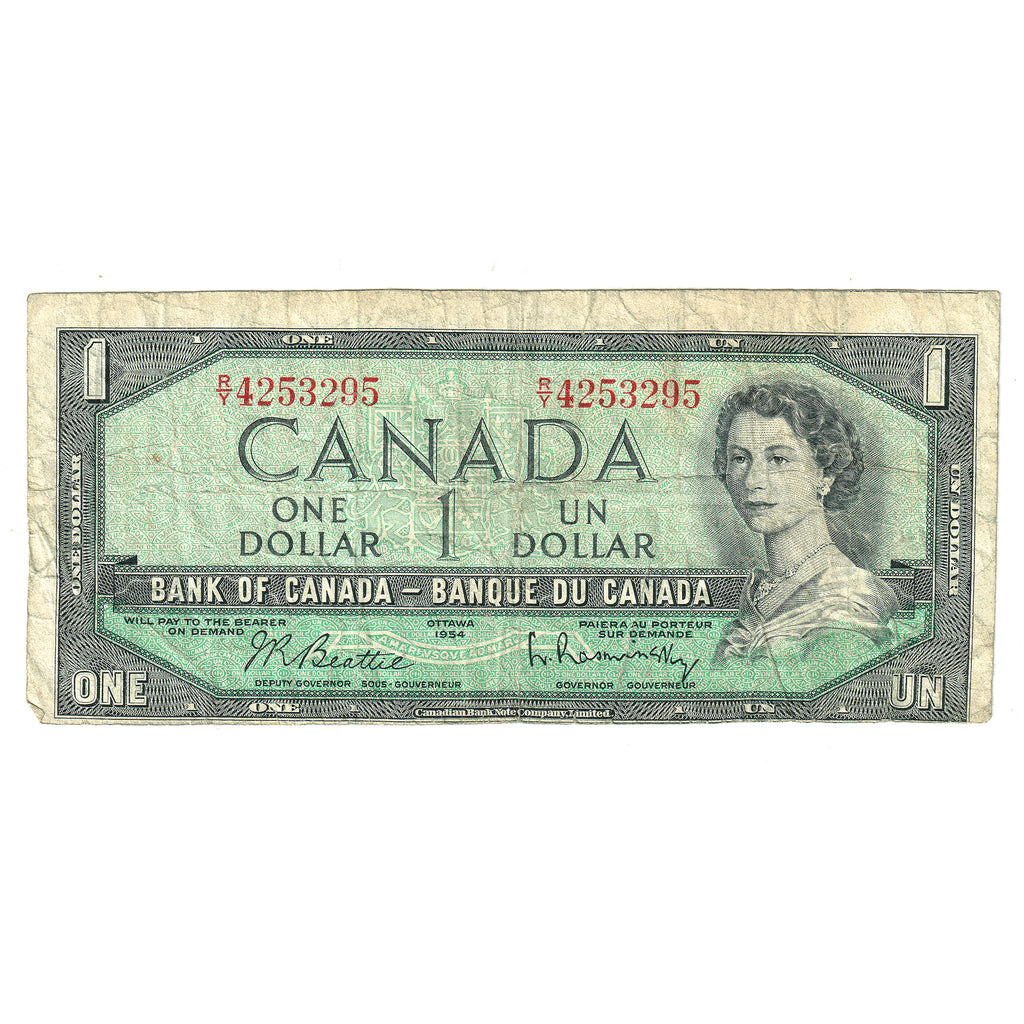 ERROR BC-37b-E25-i 1954 Canada $1 Beattie-Rasminsky, Cut out of Register, R/Y, Circulated