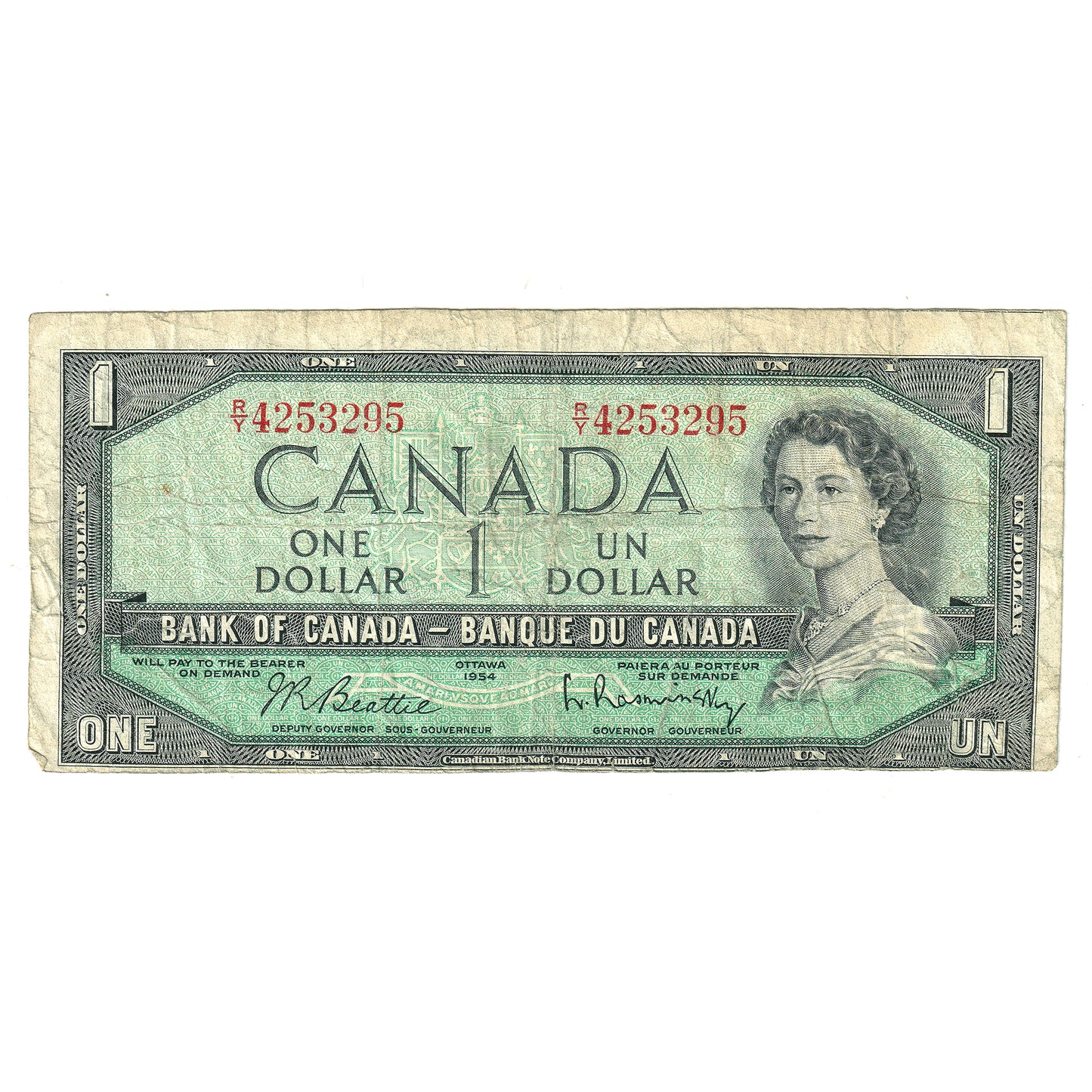 ERROR BC-37b-E25-i 1954 Canada $1 Beattie-Rasminsky, Cut out of Register, R/Y, Circulated