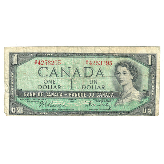 ERROR BC-37b-E25-i 1954 Canada $1 Beattie-Rasminsky, Cut out of Register, R/Y, Circulated