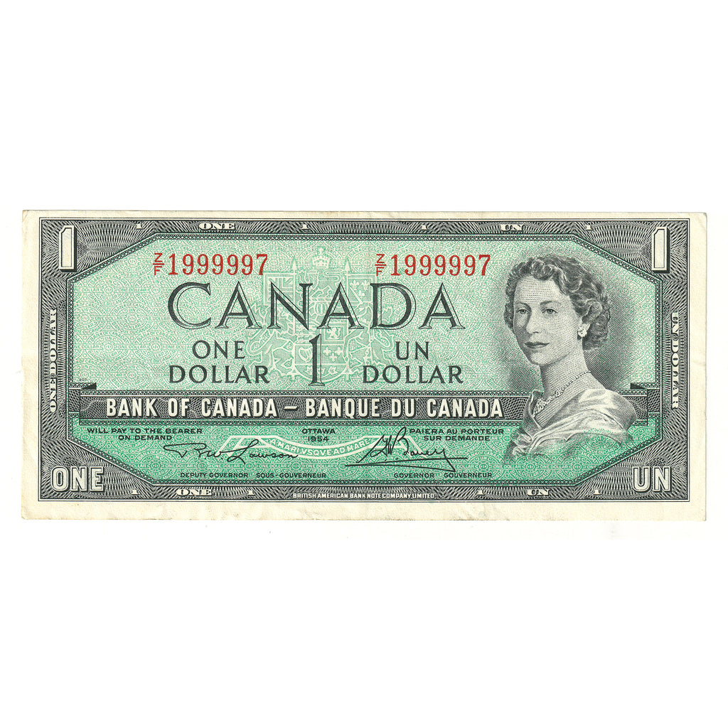 BC-37d 1954 Canada $1 Lawson-Bouey, Neat Number ZF1999997, EF