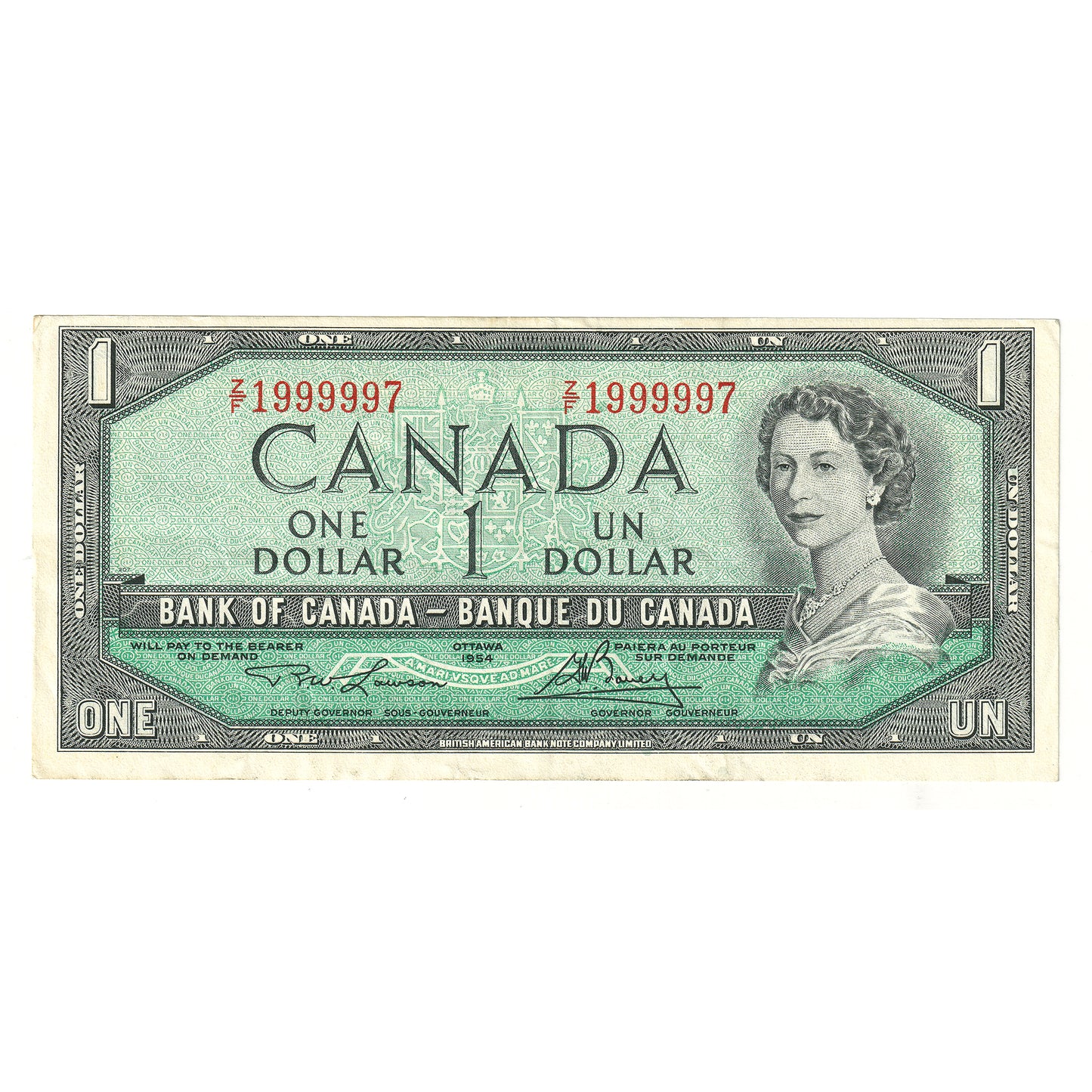 BC-37d 1954 Canada $1 Lawson-Bouey, Neat Number ZF1999997, EF