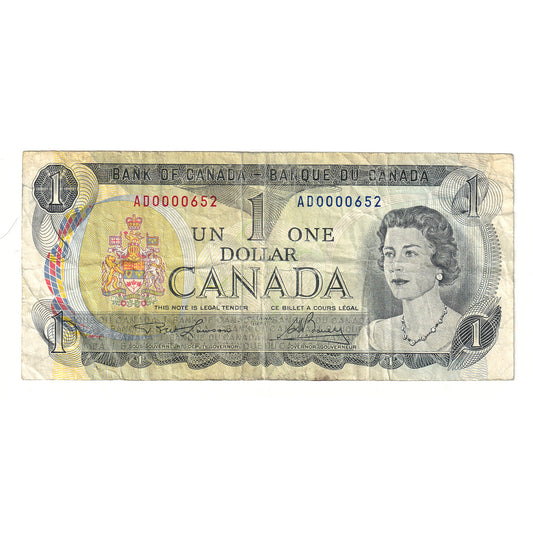 BC-46a 1973 Canada $1 Lawson-Bouey, Low Serial Number AD0000652, VG-F