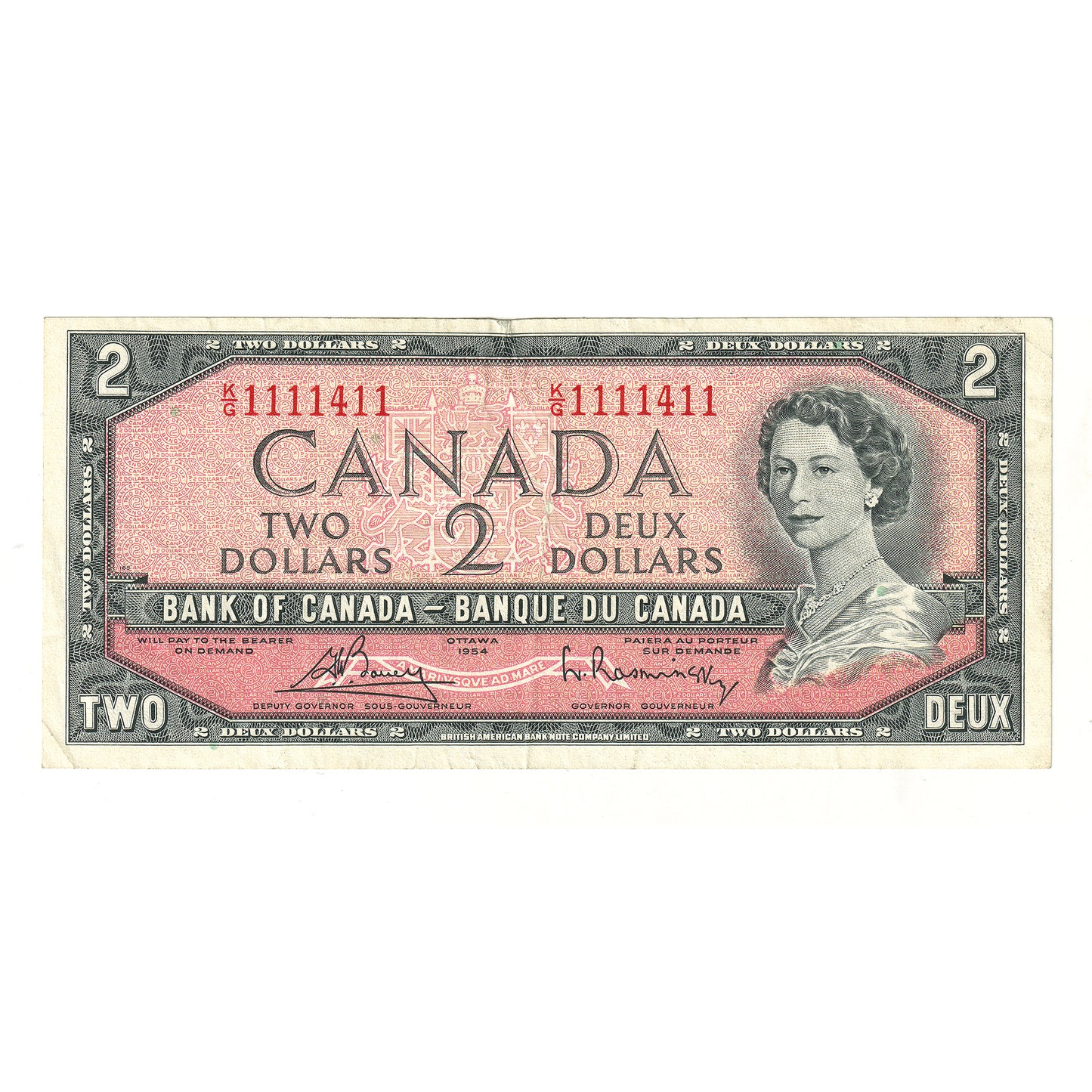 BC-38c 1954 Canada $2 Bouey-Rasminsky, Neat Number KG1111411, VF