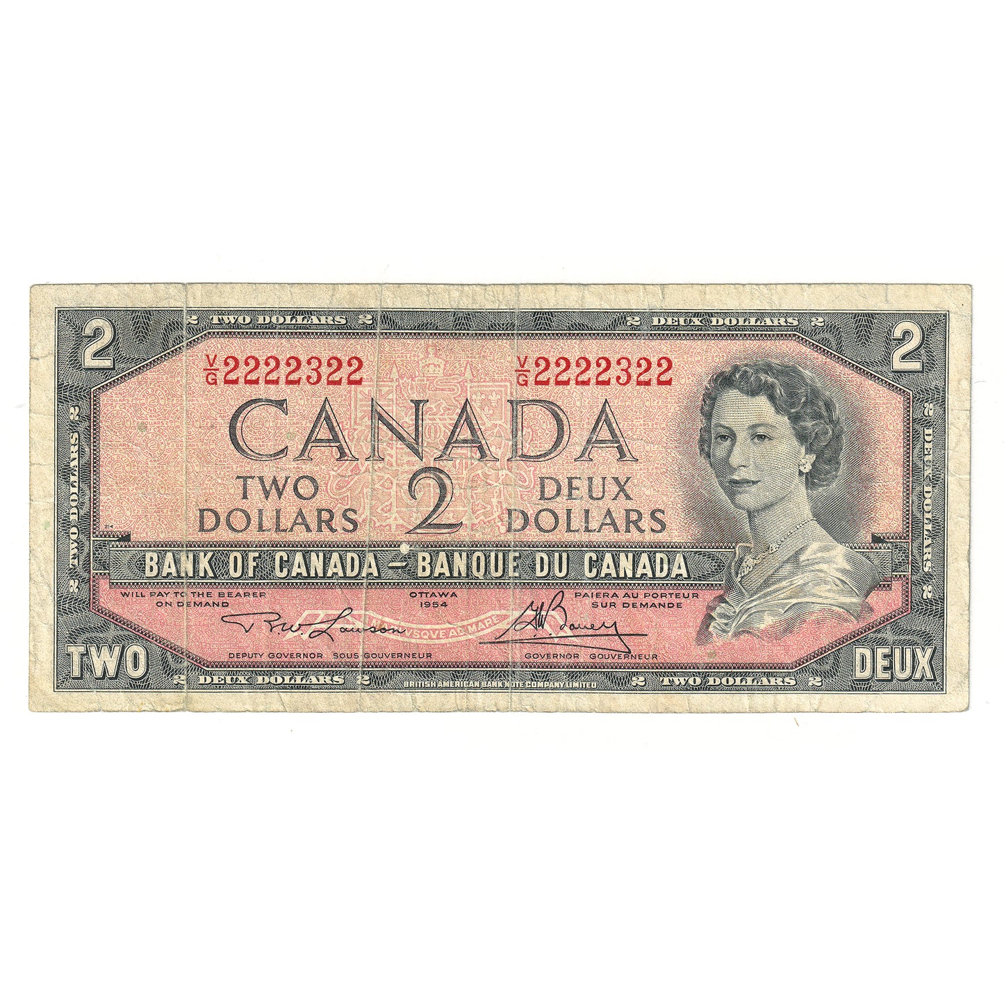 BC-38d 1954 Canada $2 Lawson-Bouey, Neat Number VG2222322, Circulated
