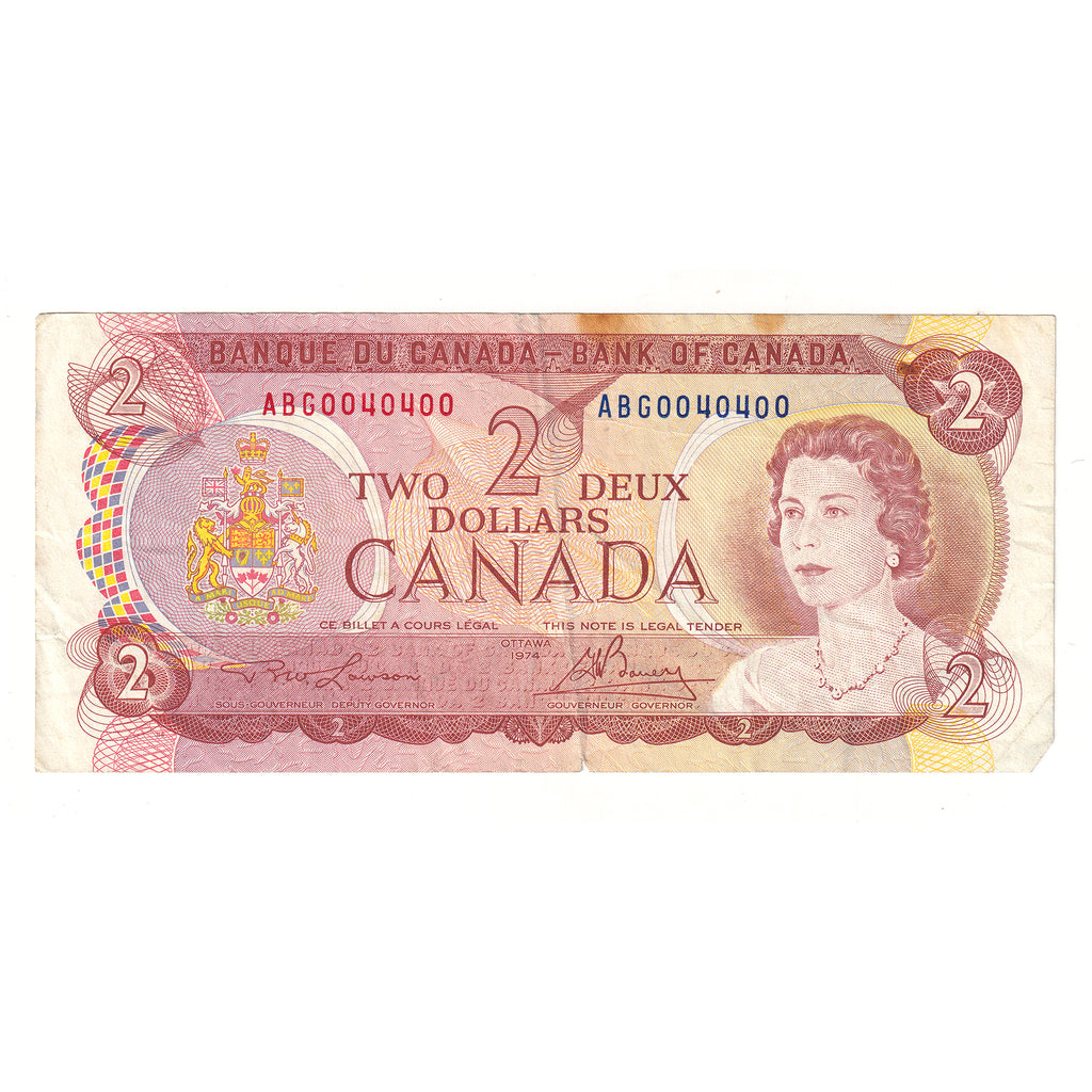 BC-47a-i-N1-ii 1954 Canada $2 Lawson-Bouey, 2 Digit Radar ABG0040400, Circulated (stain)