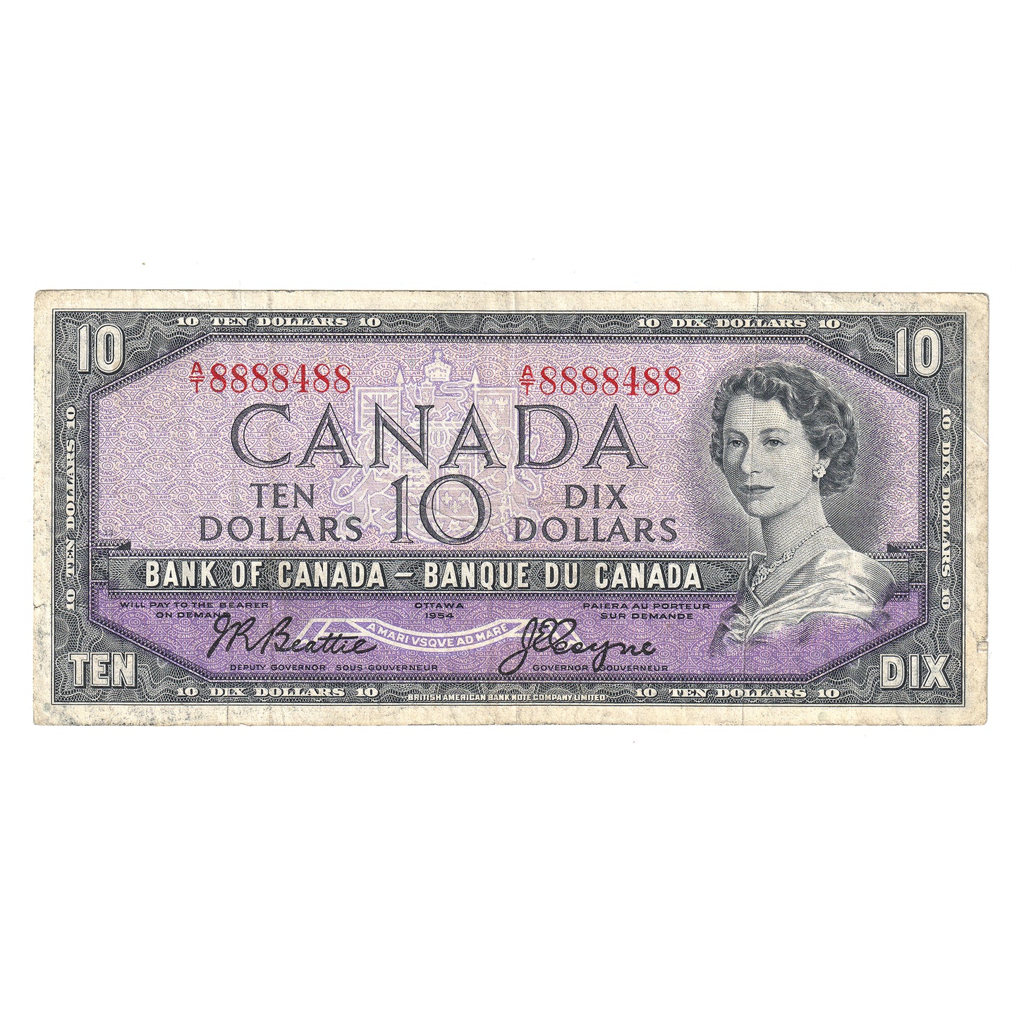 BC-40a 1954 Canada $10 Beattie-Coyne, Neat Number AT8888488, VF