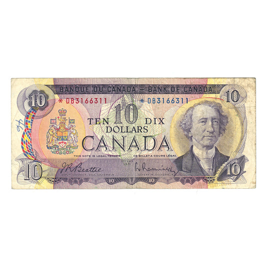 BC-49aA 1971 Canada $10 Beattie-Rasminsky, *DB, F-VF (damaged)