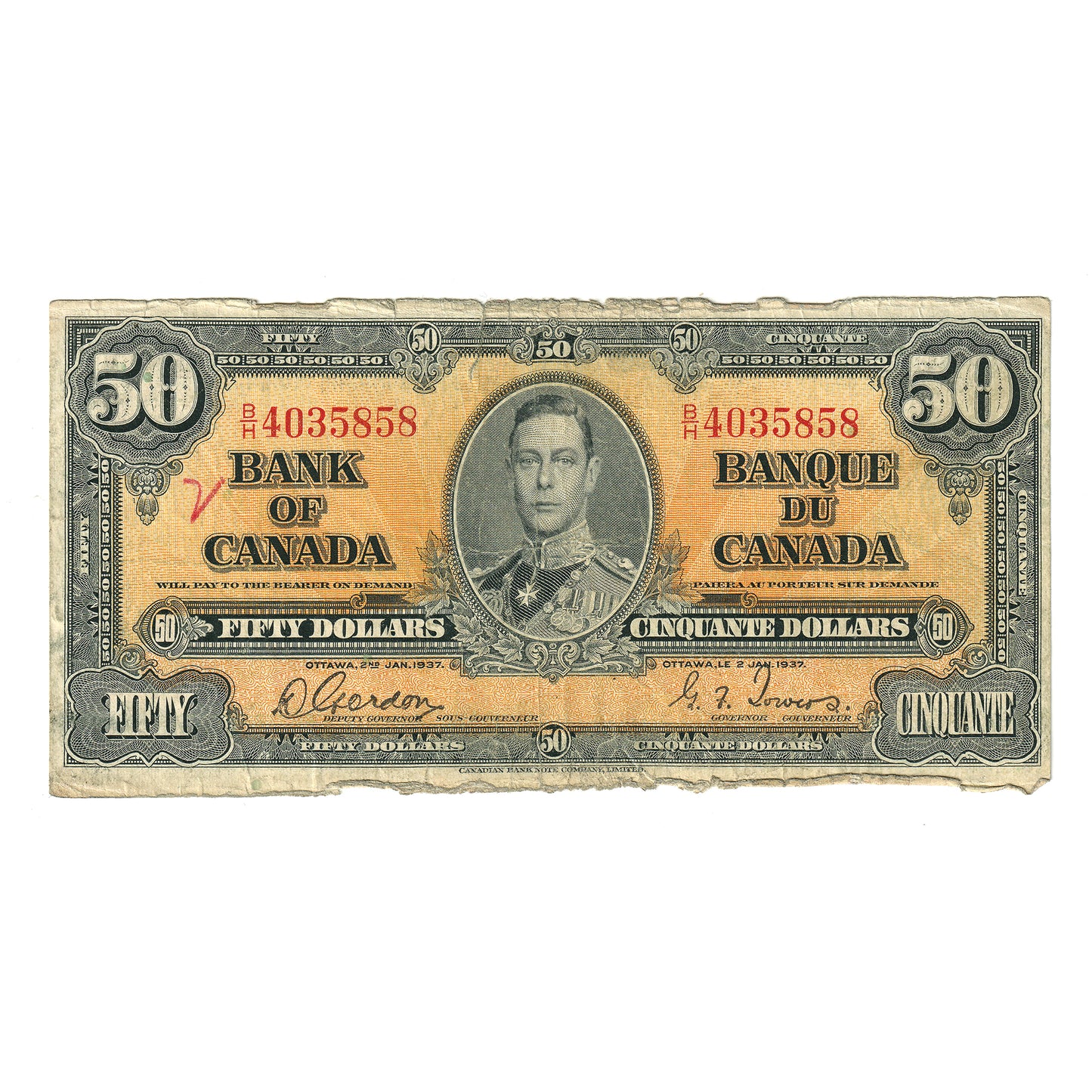 BC-26b 1937 Canada $50 Gordon-Towers, B/H, Circulated (writing)