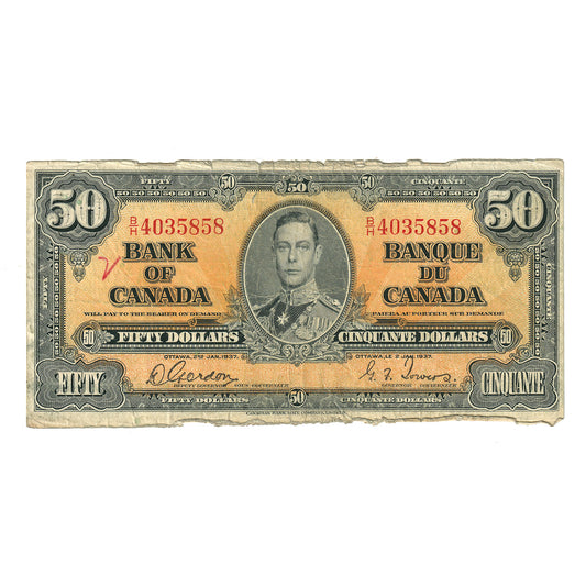 BC-26b 1937 Canada $50 Gordon-Towers, B/H, Circulated (writing)