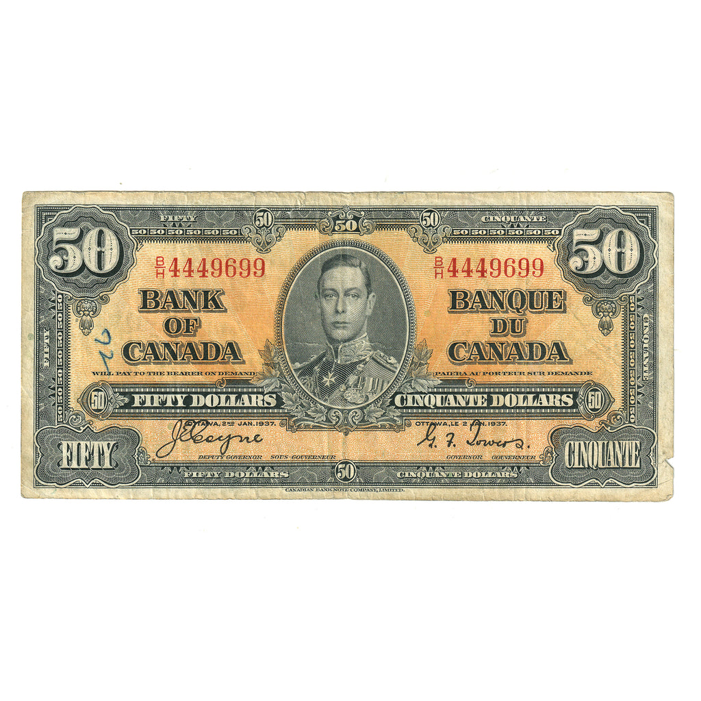 BC-26c 1937 Canada $50 Coyne-Towers, B/H, F-VF (damaged)
