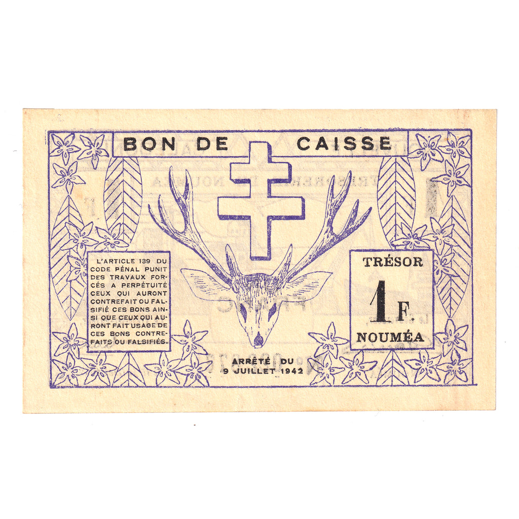 New Caledonia 1942 1 Franc Note, Pick #52, UNC