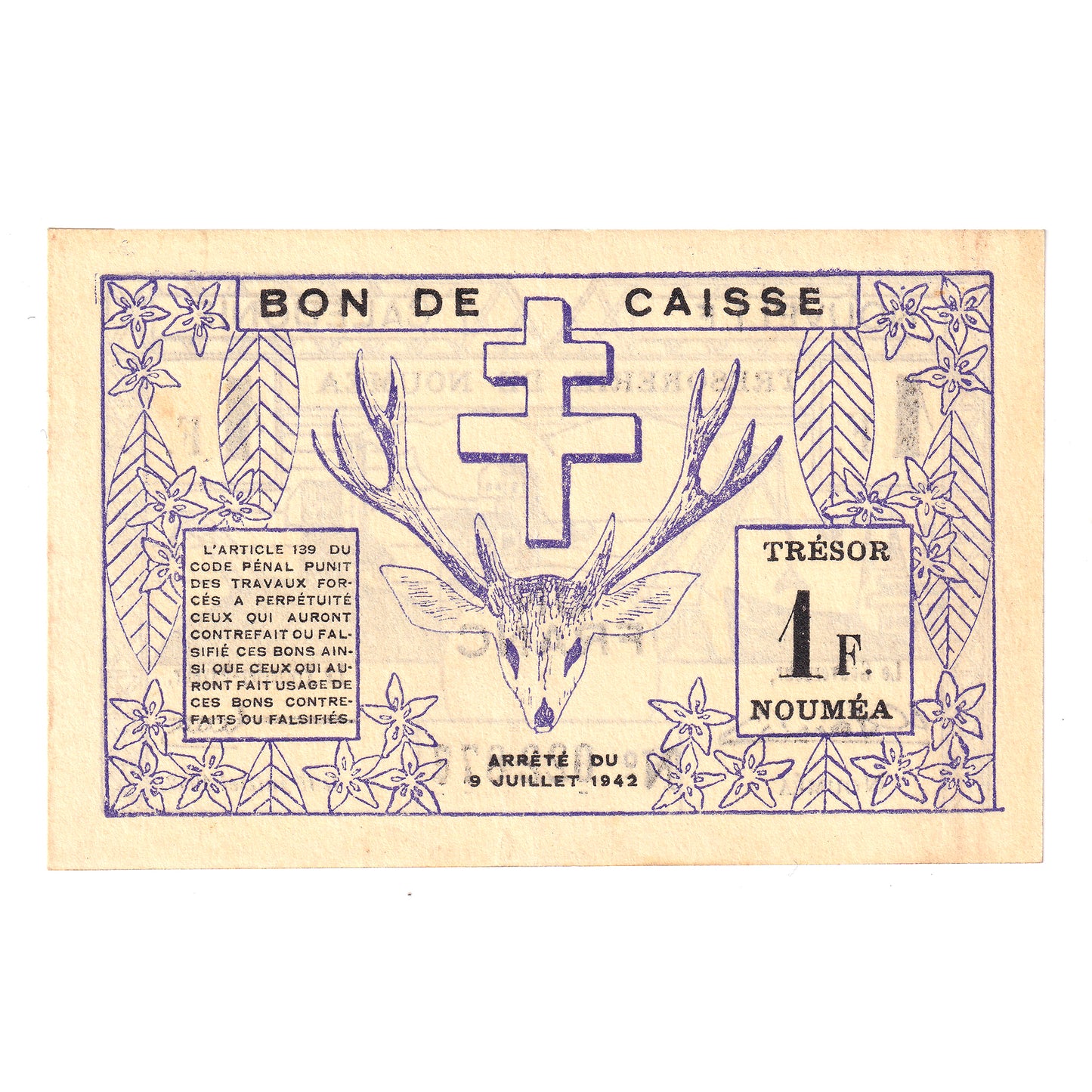 New Caledonia 1942 1 Franc Note, Pick #52, UNC