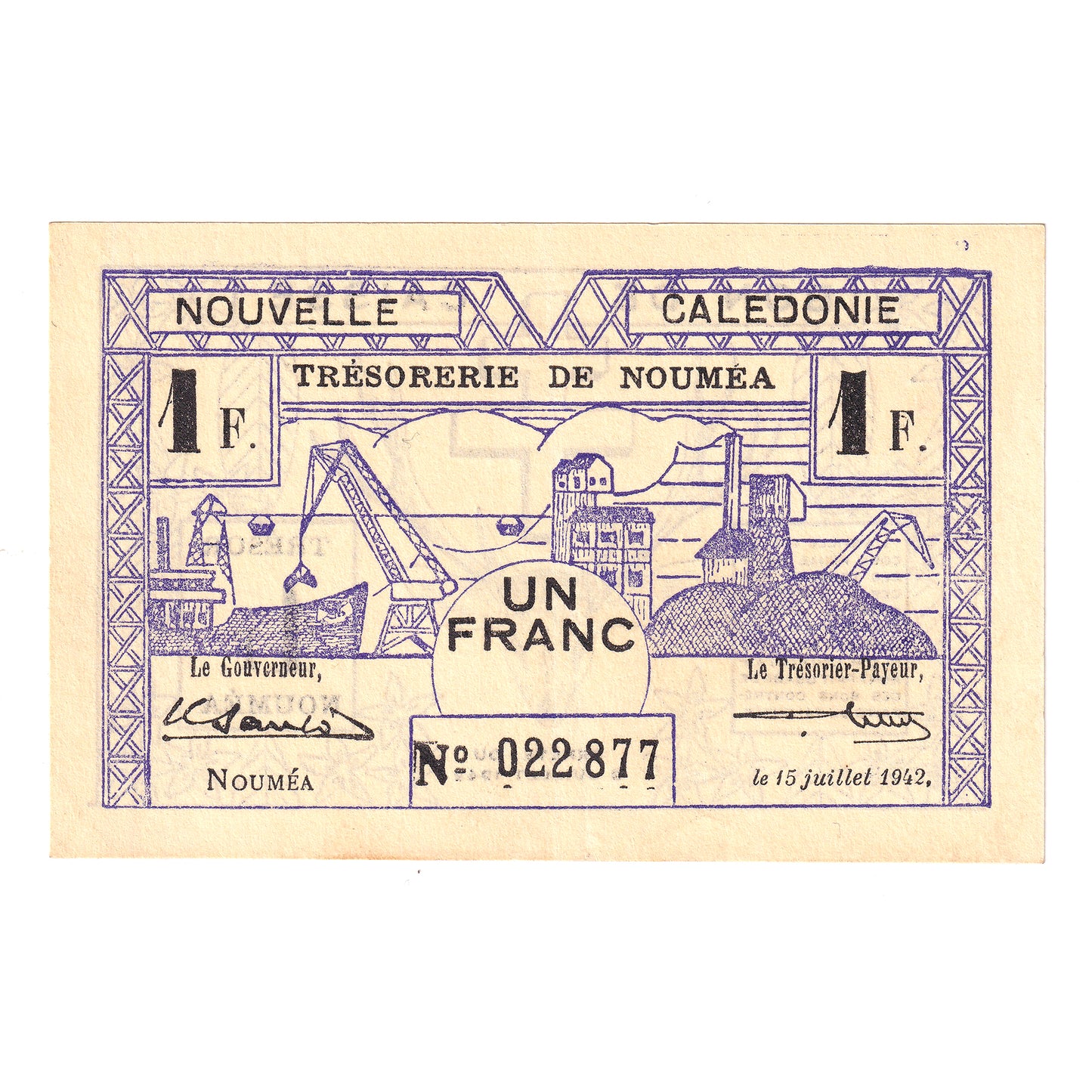 New Caledonia 1942 1 Franc Note, Pick #52, UNC