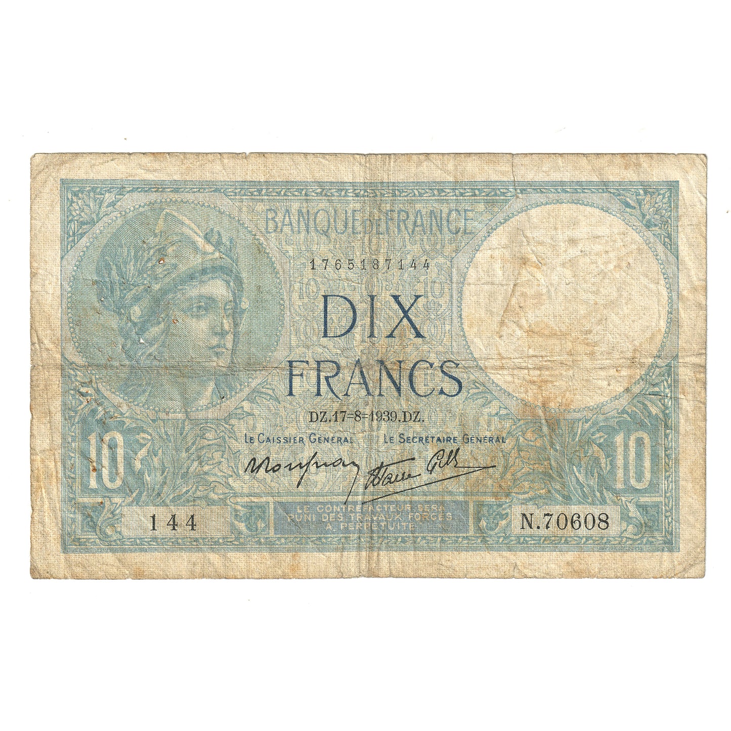 France 1939 10 Franc Note, Pick #84