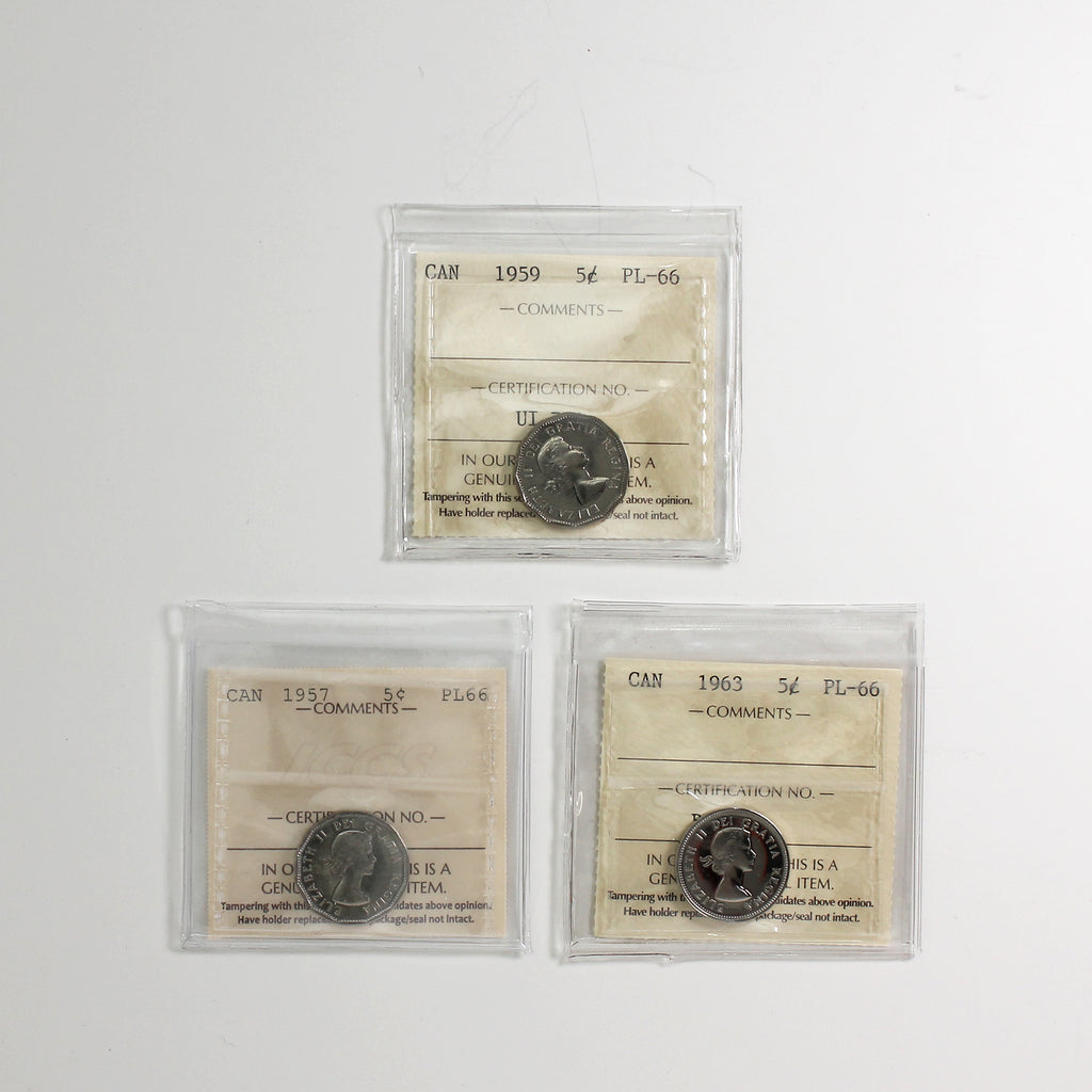 Lot of 3x 1957-1963 Canada 5-cents ICCS Certified PL66, 3pcs