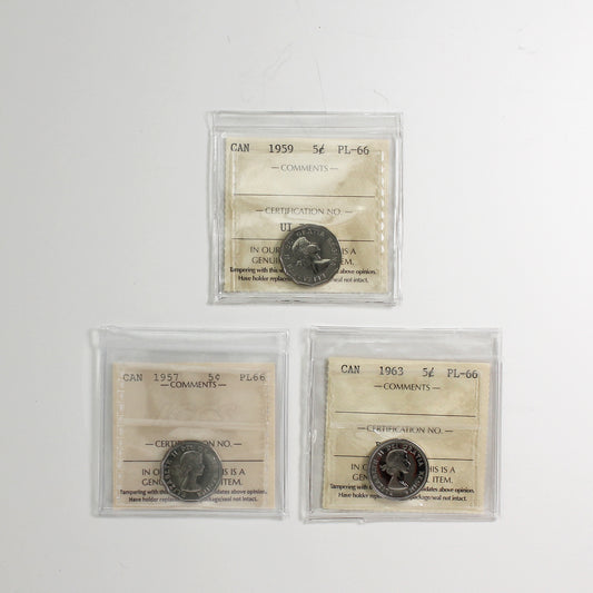 Lot of 3x 1957-1963 Canada 5-cents ICCS Certified PL66, 3pcs
