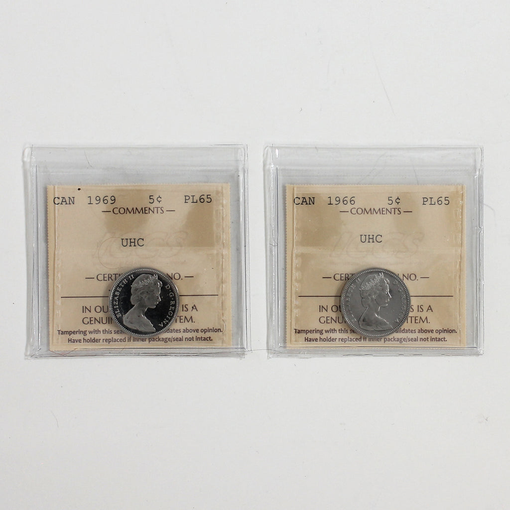 Pair of 1966 & 1969 Canada 5-cents ICCS Certified PL65 UHC, 2pcs