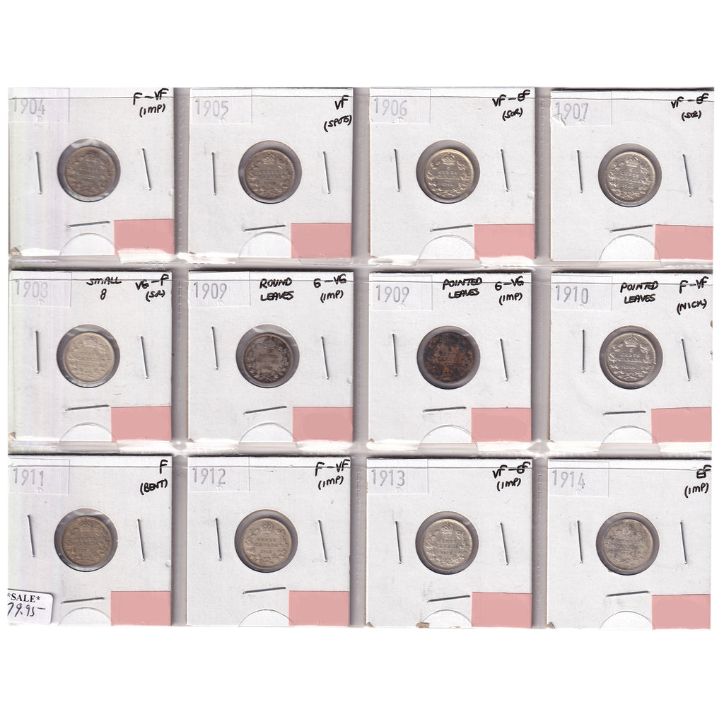 Group Lot of 12x 1904-1914 Canada 5-cents G-VG to EF, 12pcs (Issues)