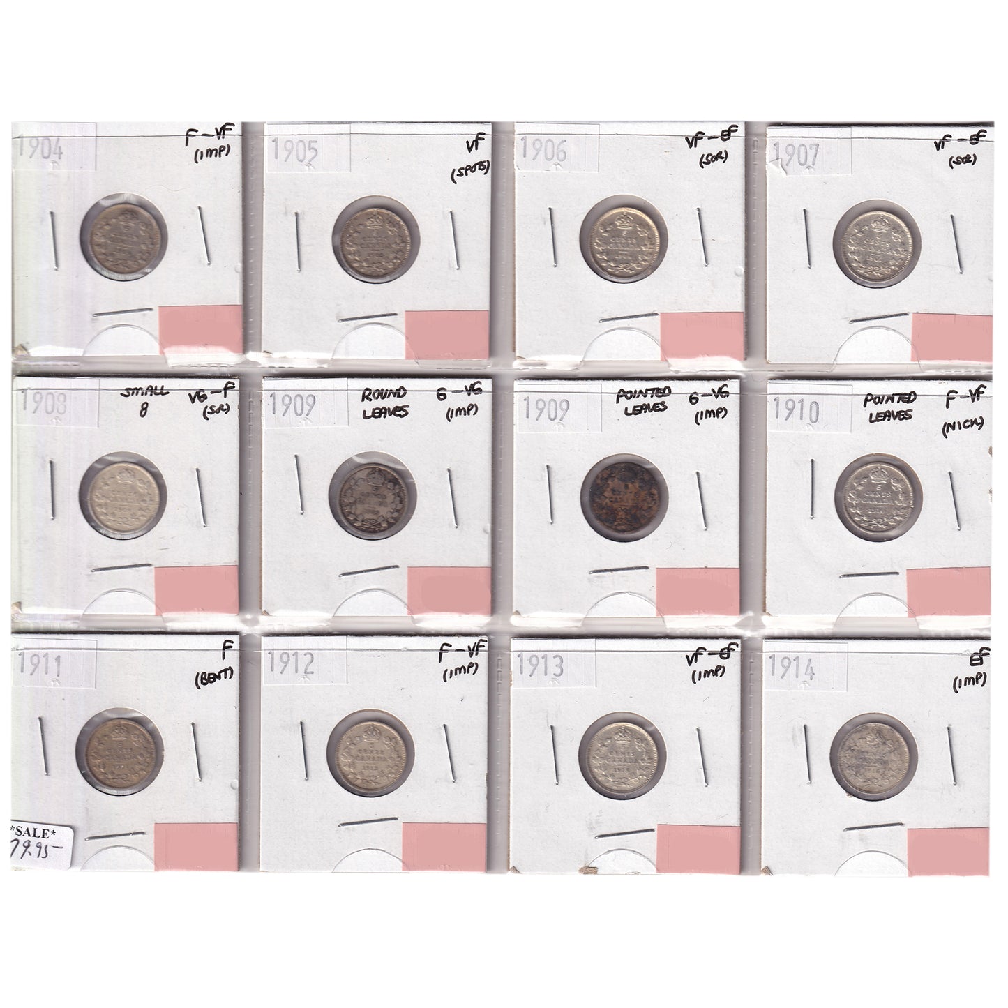 Group Lot of 12x 1904-1914 Canada 5-cents G-VG to EF, 12pcs (Issues)