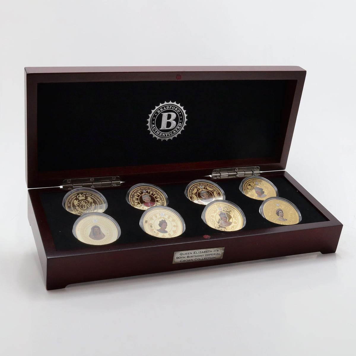 Lot of 8x Queen Elizabeth II Bradford Exchange Gold-Plated Coins in Case (light wear)