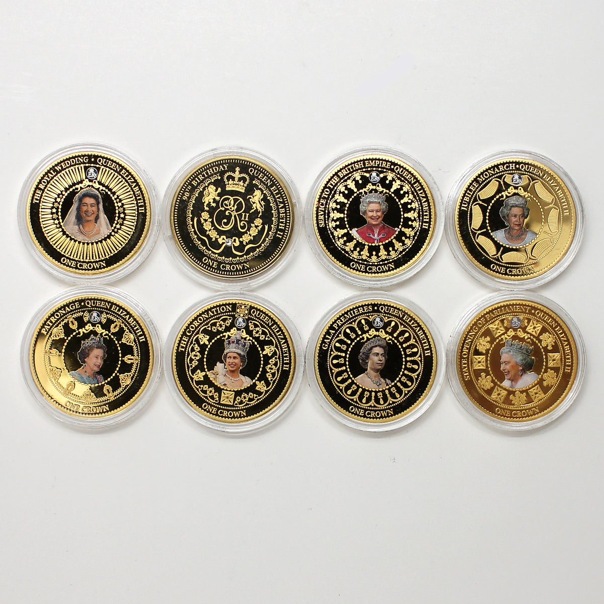 Lot of 8x Queen Elizabeth II Bradford Exchange Gold-Plated Coins in Case (light wear)