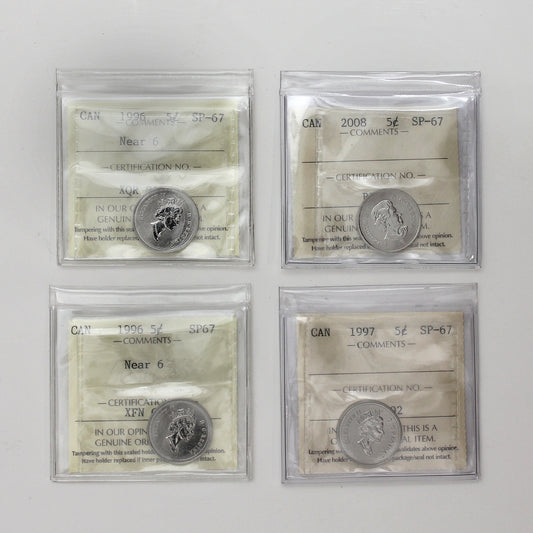 Lot of 4x 1996-2008 Canada 5-cents ICCS Certified SP67, 4pcs