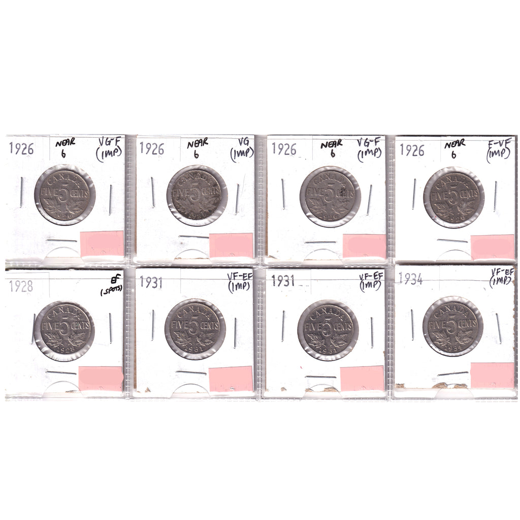 Group Lot of 8x 1926-1934 Canada 5-cents, Very Good to VF-EF (impaired) 8pcs