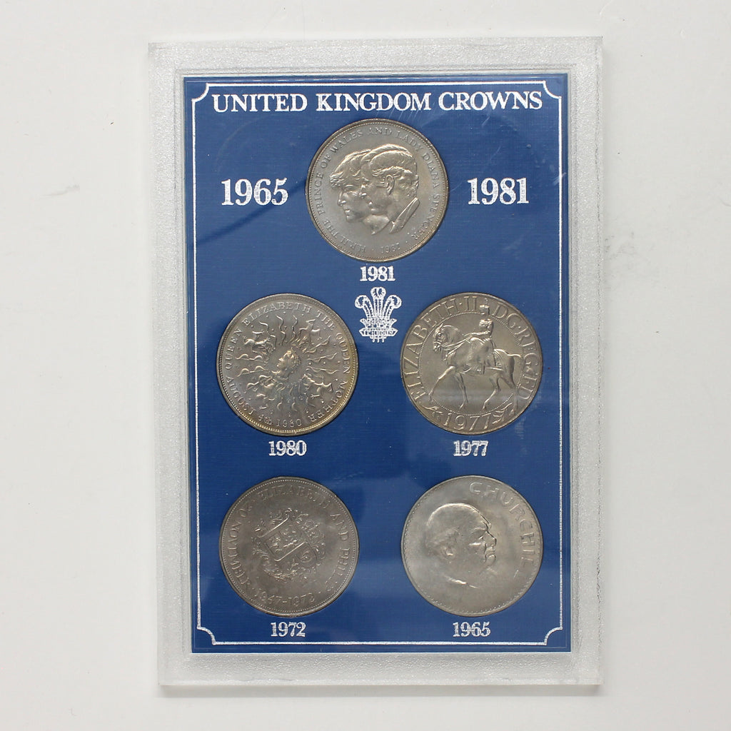 1965-1981 United Kingdom Crowns 5-Coin Collector Set in Presentation Case (Impaired)