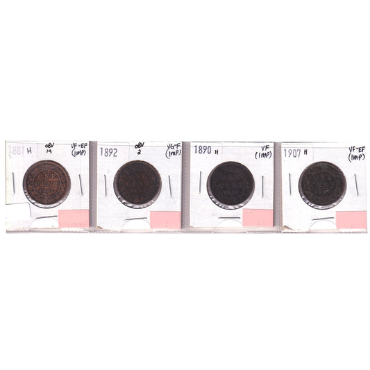 Group Lot of 4x 1881-1907 Canada 1-cents, VG-F to VF-EF, 4pcs (Impaired)