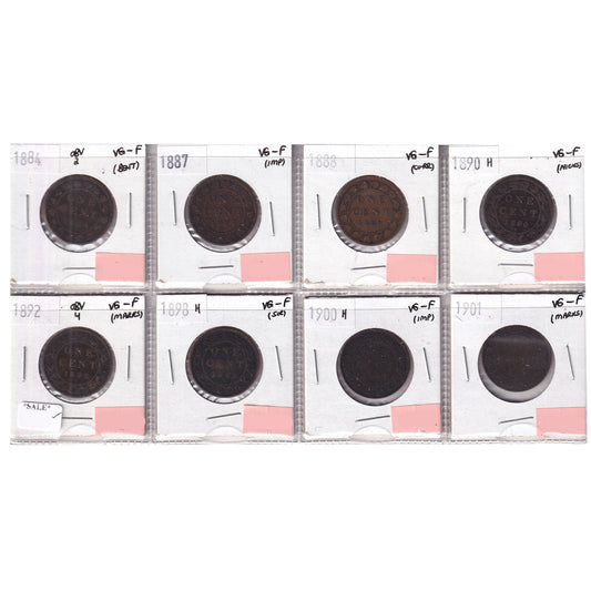 Group Lot of 8x 1884-1901 Canada 1-cents, All VG-F, 8pcs (Impaired)
