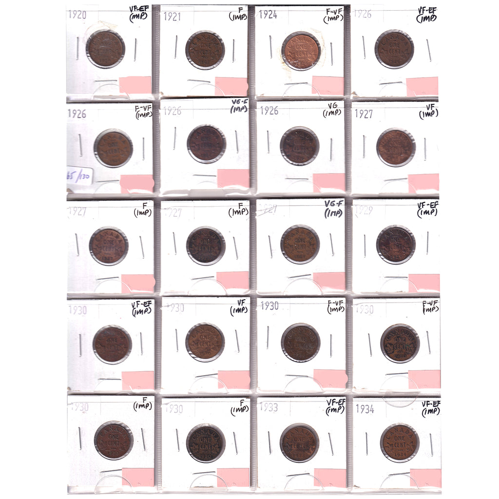 Group Lot of 20x 1920-1934 Canada 1-cents, Very Good to VF-EF, 20pcs (Impaired)